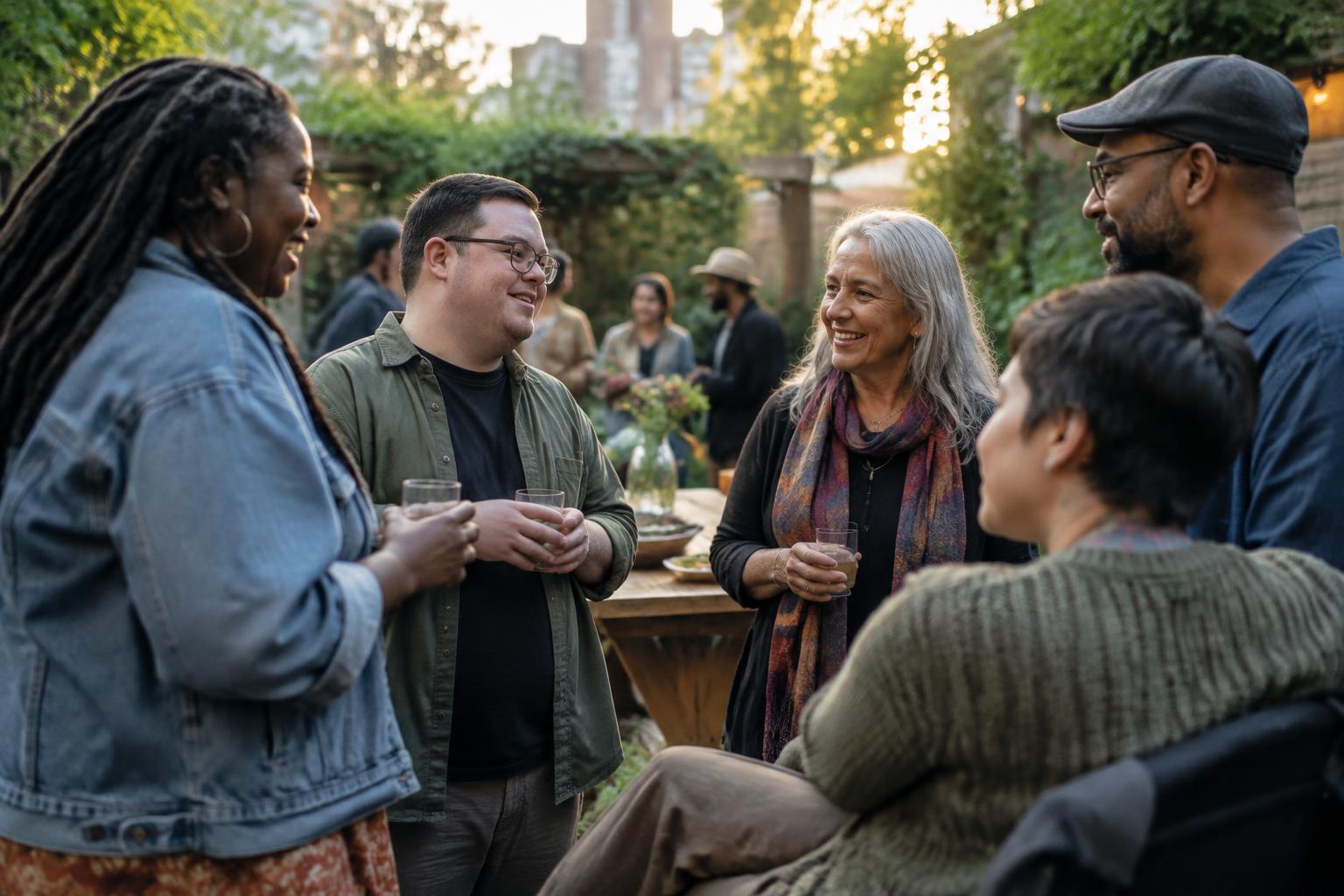 Adults connecting naturally at a relaxed community gathering