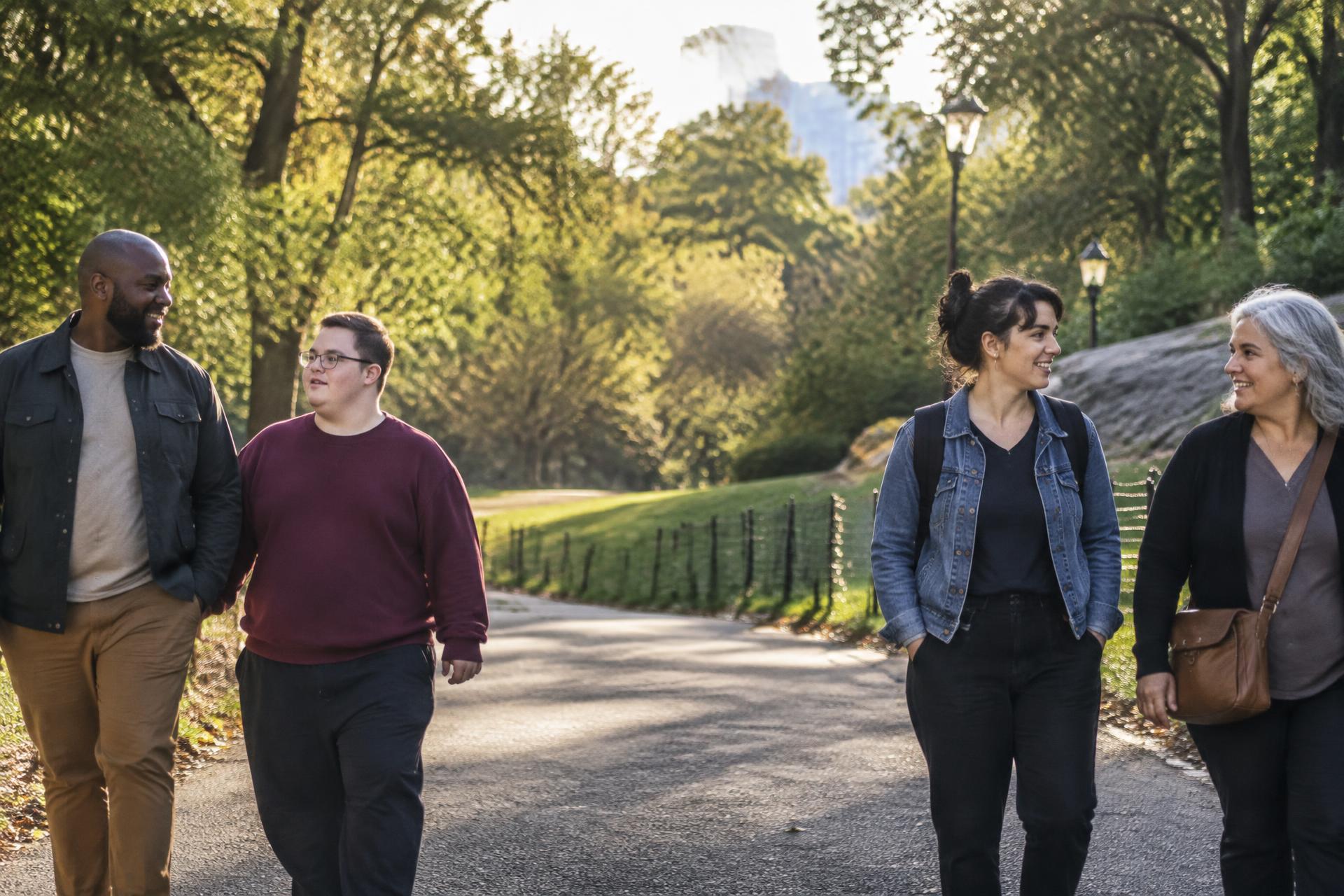A diverse group of adults walking and talking together in a community park