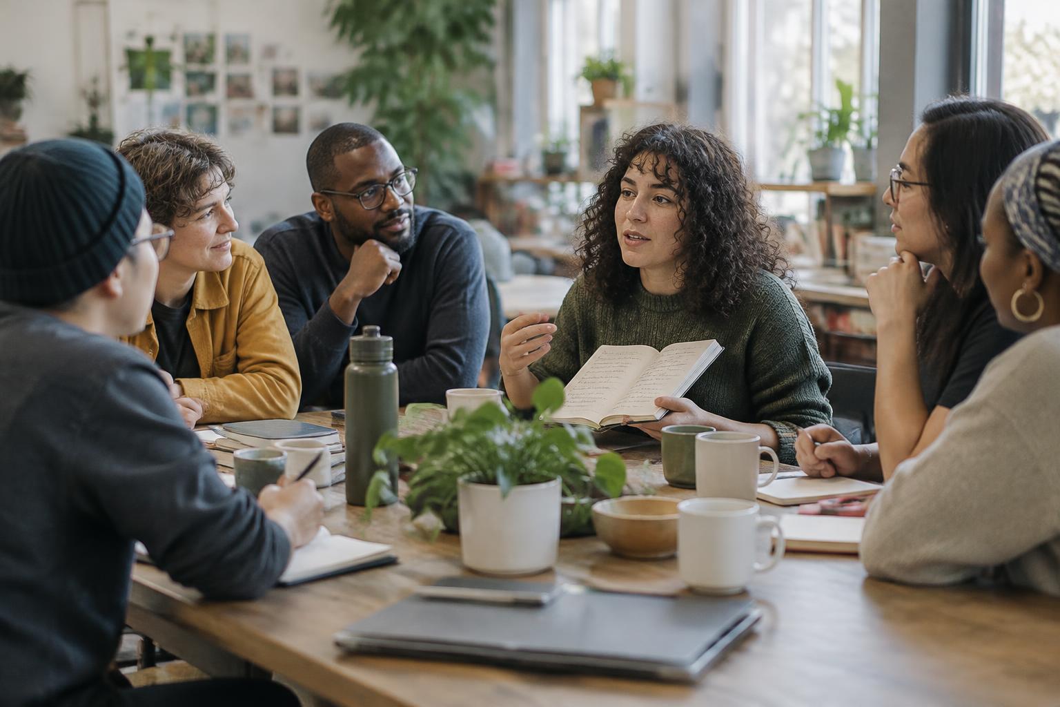 A diverse group of adults sharing ideas around a workshop table