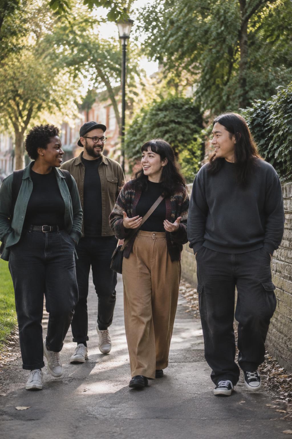 A diverse group of adults walking and talking together in a community park