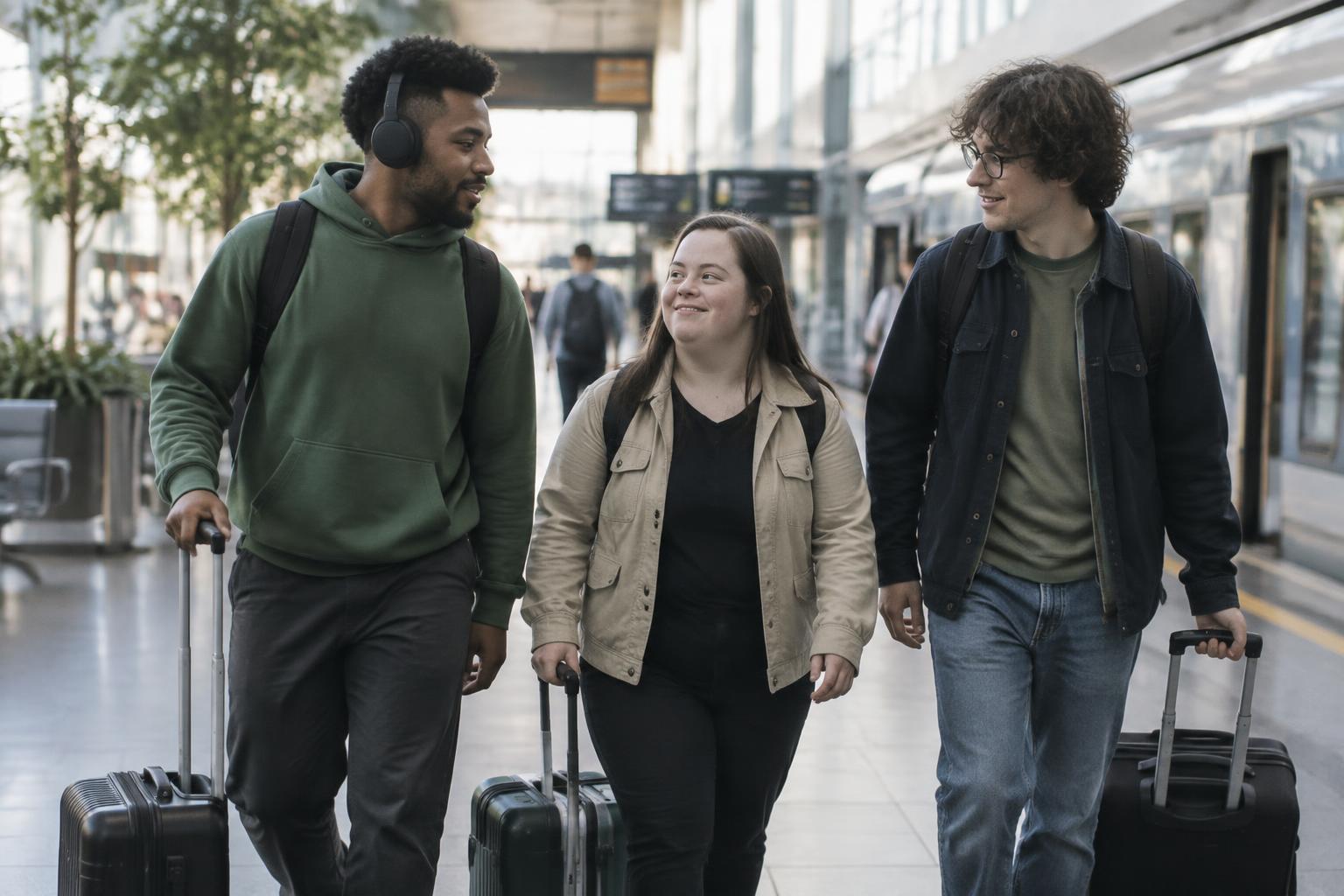 Three adults traveling together through a modern station